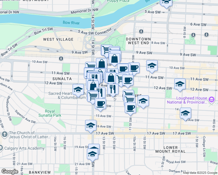 map of restaurants, bars, coffee shops, grocery stores, and more near 1315 12 Avenue Southwest in Calgary