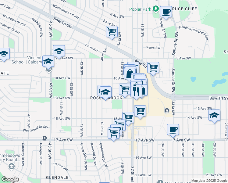 map of restaurants, bars, coffee shops, grocery stores, and more near 3933 12 Avenue Southwest in Calgary