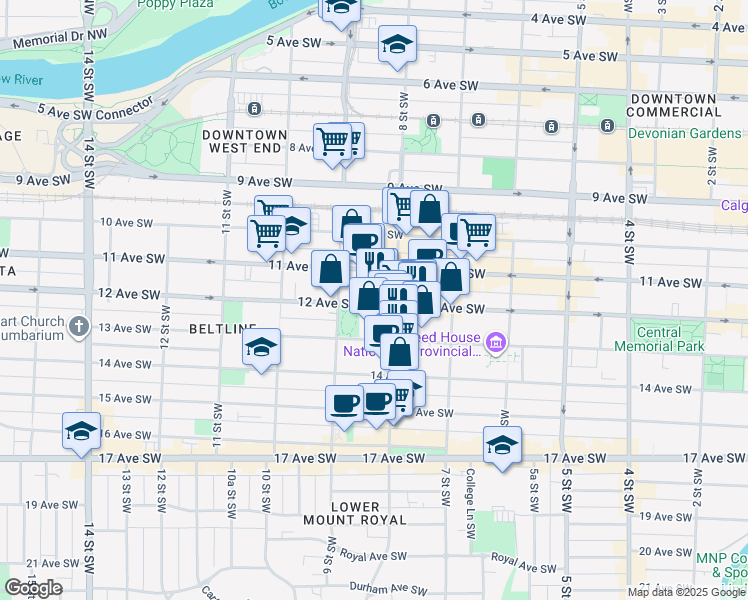 map of restaurants, bars, coffee shops, grocery stores, and more near 912 12 Avenue Southwest in Calgary