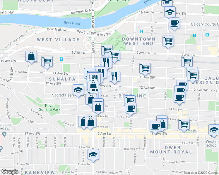 map of restaurants, bars, coffee shops, grocery stores, and more near 1132 13 Street Southwest in Calgary