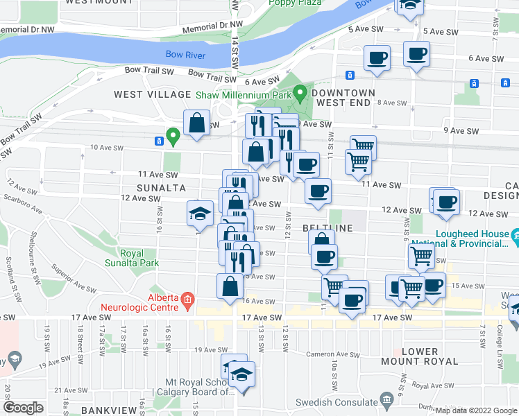 map of restaurants, bars, coffee shops, grocery stores, and more near 1335 12 Avenue Southwest in Calgary