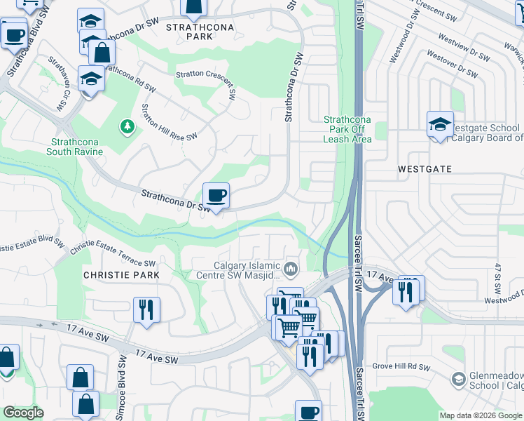 map of restaurants, bars, coffee shops, grocery stores, and more near 732 Strathcona Drive Southwest in Calgary