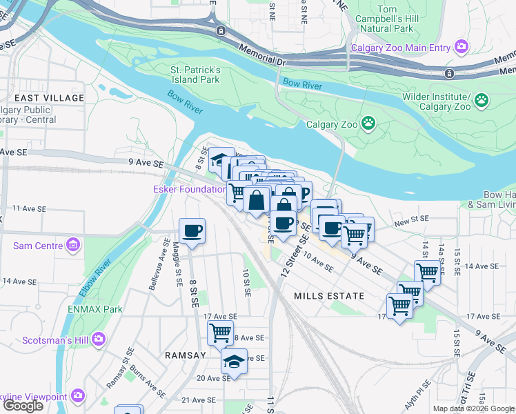 map of restaurants, bars, coffee shops, grocery stores, and more near 1139 9 Avenue Southeast in Calgary
