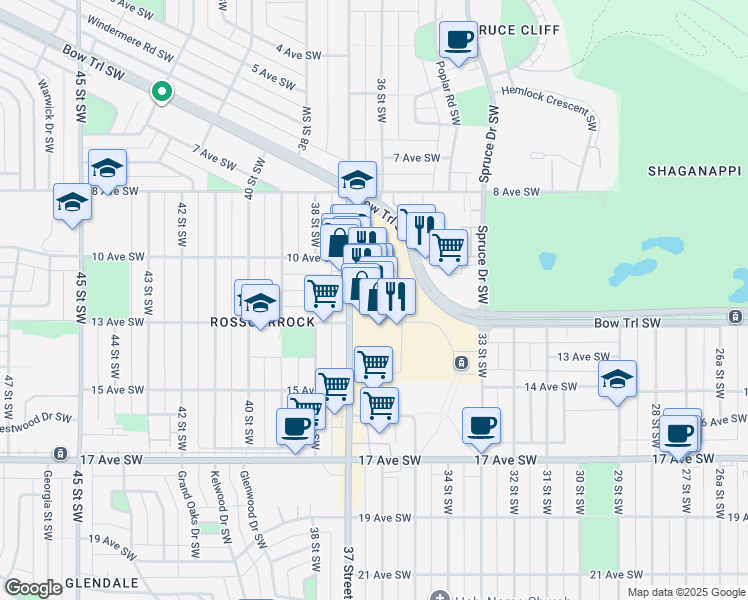 map of restaurants, bars, coffee shops, grocery stores, and more near 1200 37 Street Southwest in Calgary