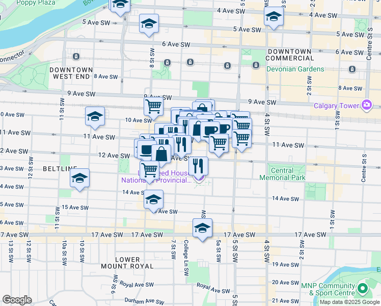 map of restaurants, bars, coffee shops, grocery stores, and more near 740 12 Avenue Southwest in Calgary
