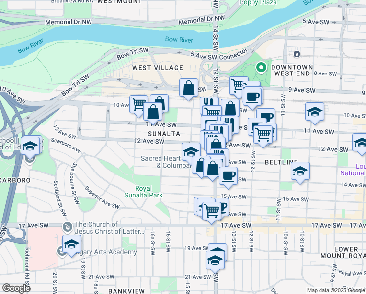 map of restaurants, bars, coffee shops, grocery stores, and more near 1609 12 Avenue Southwest in Calgary