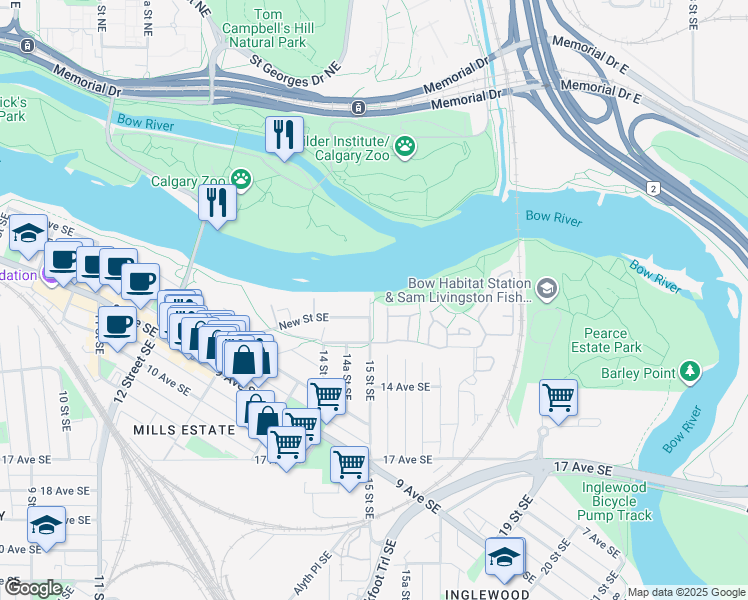 map of restaurants, bars, coffee shops, grocery stores, and more near in Calgary