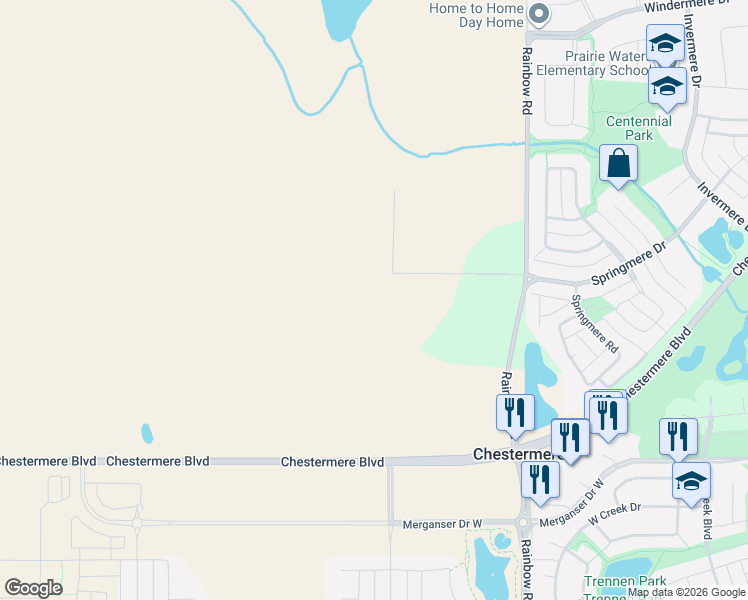 map of restaurants, bars, coffee shops, grocery stores, and more near Springmere Drive in Chestermere