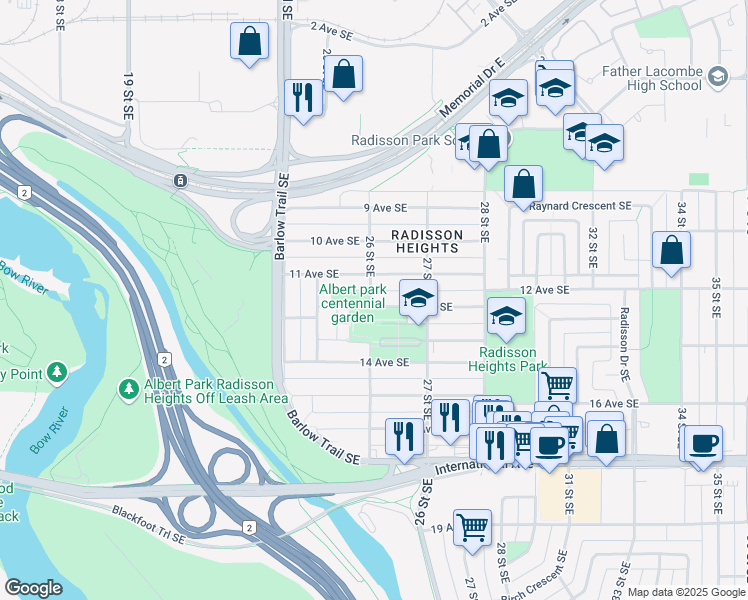 map of restaurants, bars, coffee shops, grocery stores, and more near 1212 26 Street Southeast in Calgary