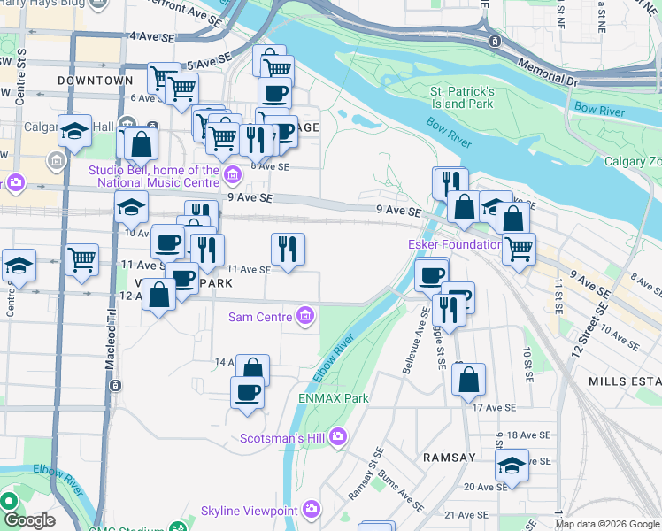 map of restaurants, bars, coffee shops, grocery stores, and more near 702 11 Avenue Southeast in Calgary