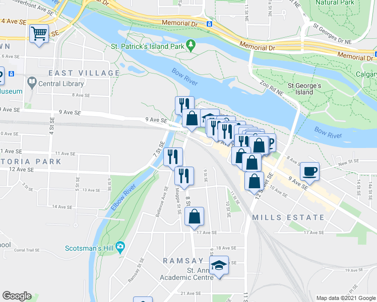 map of restaurants, bars, coffee shops, grocery stores, and more near 1006 8 Street Southeast in Calgary