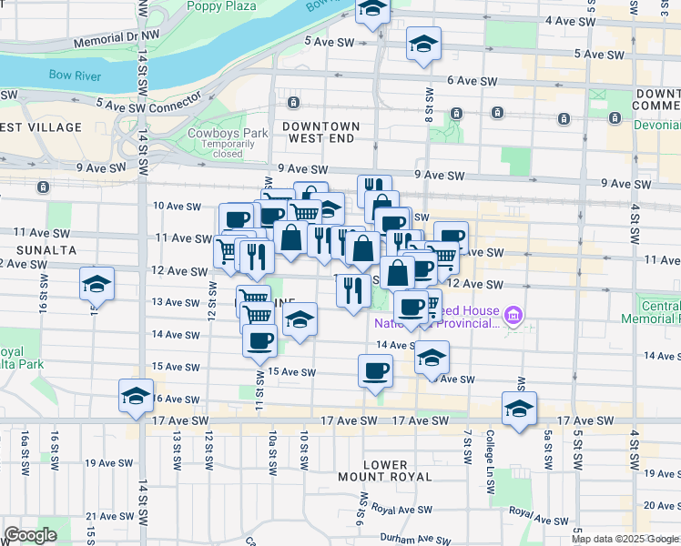 map of restaurants, bars, coffee shops, grocery stores, and more near in Calgary