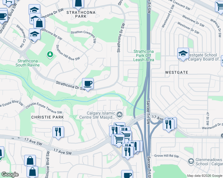 map of restaurants, bars, coffee shops, grocery stores, and more near 732 Strathcona Drive Southwest in Calgary