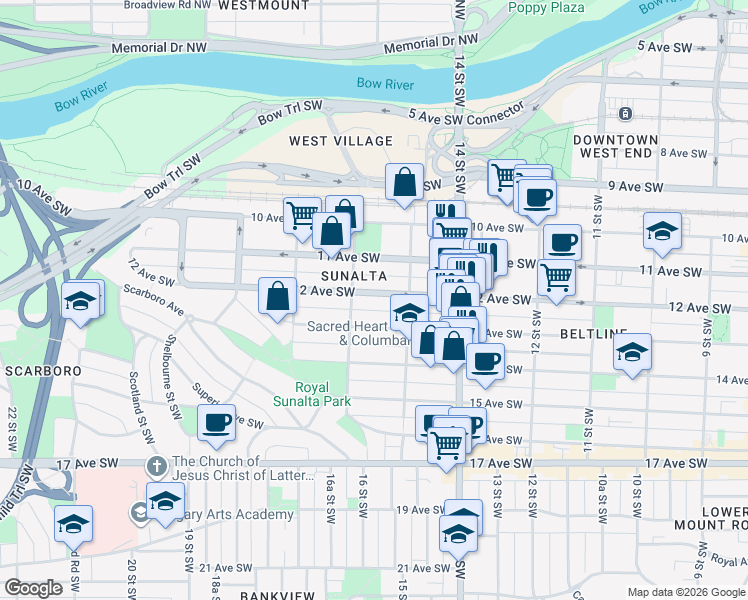 map of restaurants, bars, coffee shops, grocery stores, and more near 1625 12 Avenue Southwest in Calgary