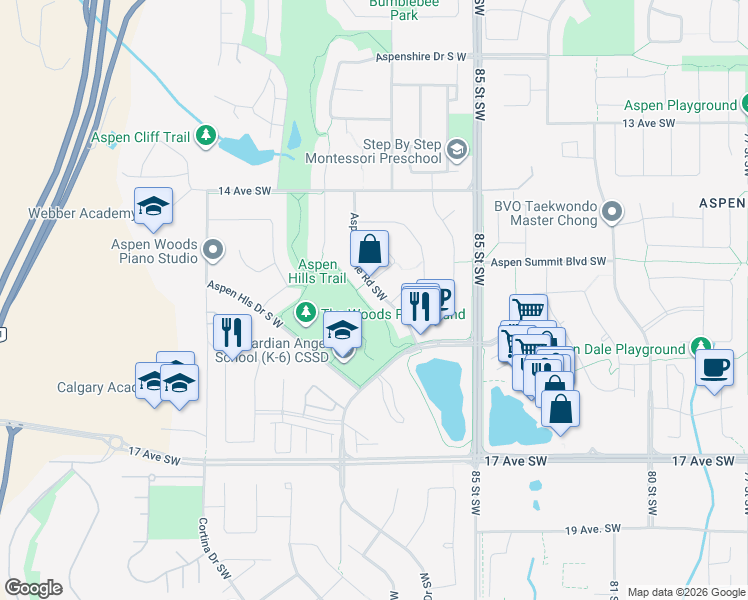 map of restaurants, bars, coffee shops, grocery stores, and more near 45 Aspen Stone Road Southwest in Calgary