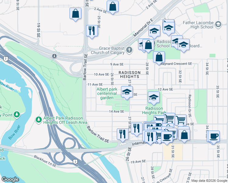 map of restaurants, bars, coffee shops, grocery stores, and more near 1210 26 Street Southeast in Calgary