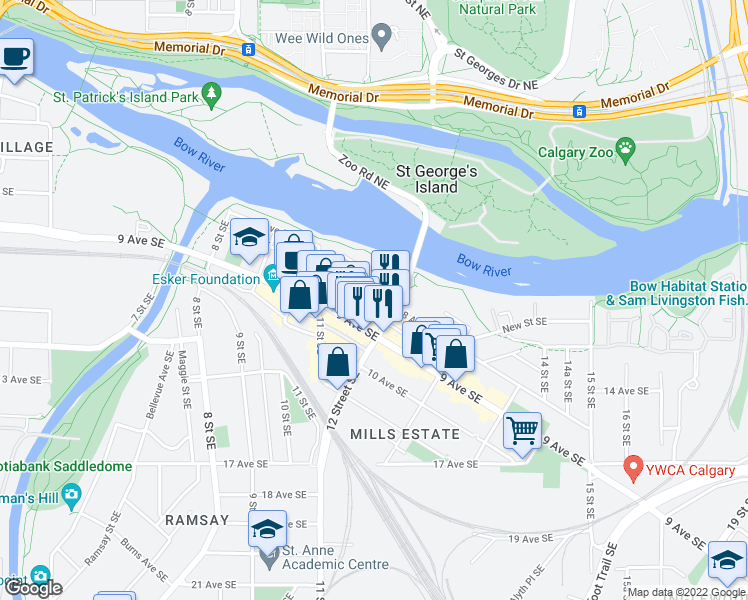 map of restaurants, bars, coffee shops, grocery stores, and more near 1235 8 Avenue Southeast in Calgary