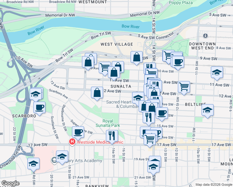 map of restaurants, bars, coffee shops, grocery stores, and more near 1707 12 Avenue Southwest in Calgary