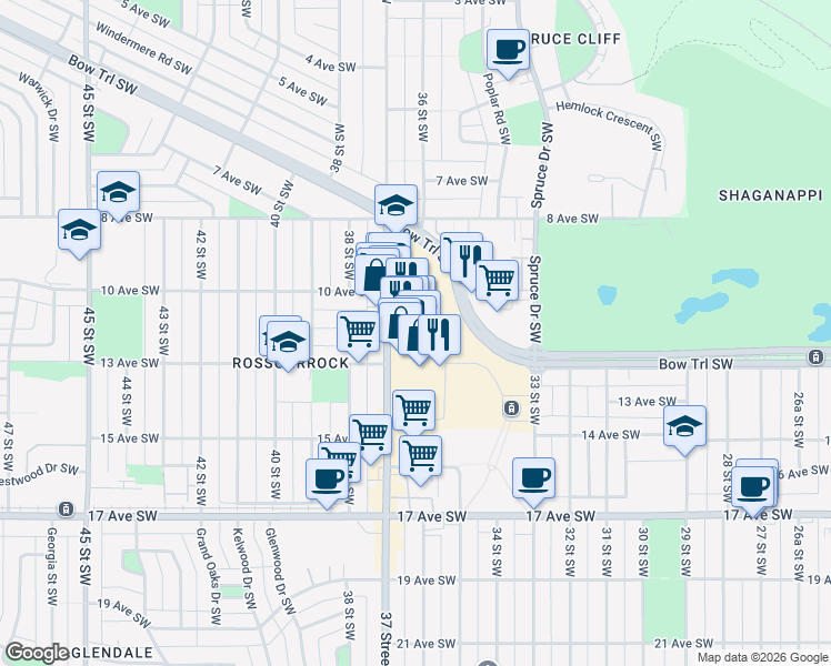 map of restaurants, bars, coffee shops, grocery stores, and more near 1200 37 Street Southwest in Calgary