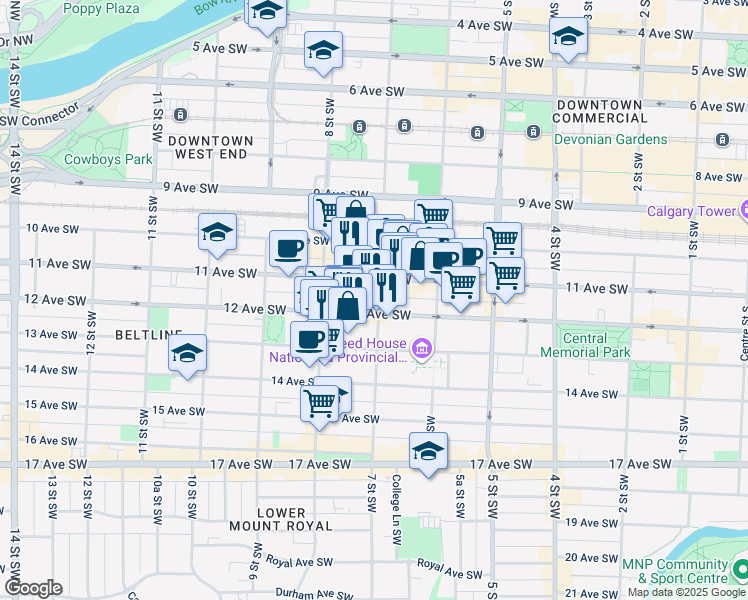 map of restaurants, bars, coffee shops, grocery stores, and more near 806 12 Avenue Southwest in Calgary