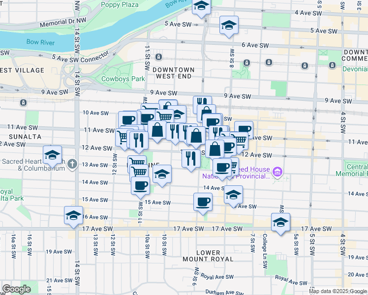 map of restaurants, bars, coffee shops, grocery stores, and more near 1026 12 Avenue Southwest in Calgary
