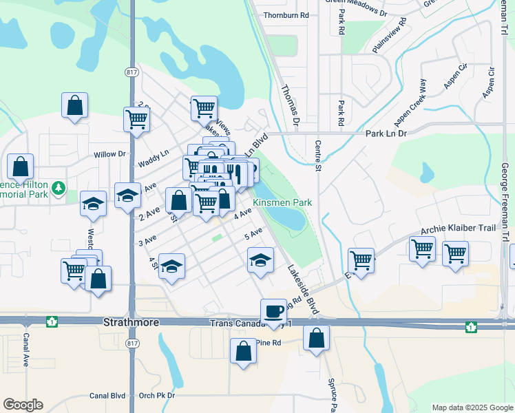 map of restaurants, bars, coffee shops, grocery stores, and more near Lakeside Boulevard in Strathmore