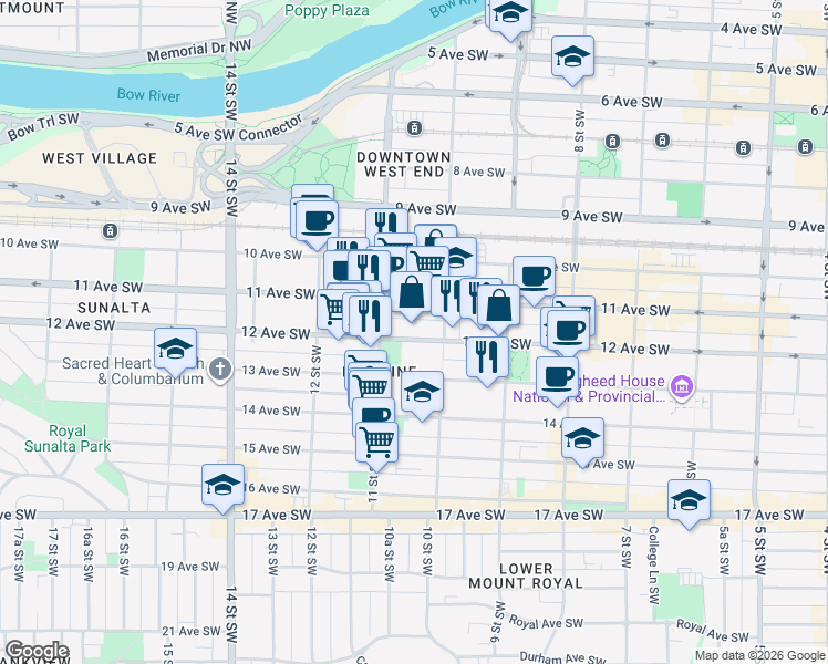 map of restaurants, bars, coffee shops, grocery stores, and more near 1118 12 Avenue Southwest in Calgary
