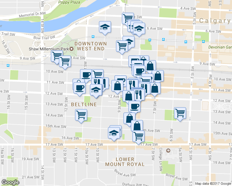 map of restaurants, bars, coffee shops, grocery stores, and more near in Calgary