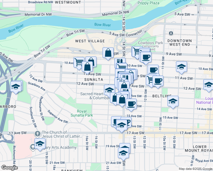 map of restaurants, bars, coffee shops, grocery stores, and more near 1609 12 Avenue Southwest in Calgary
