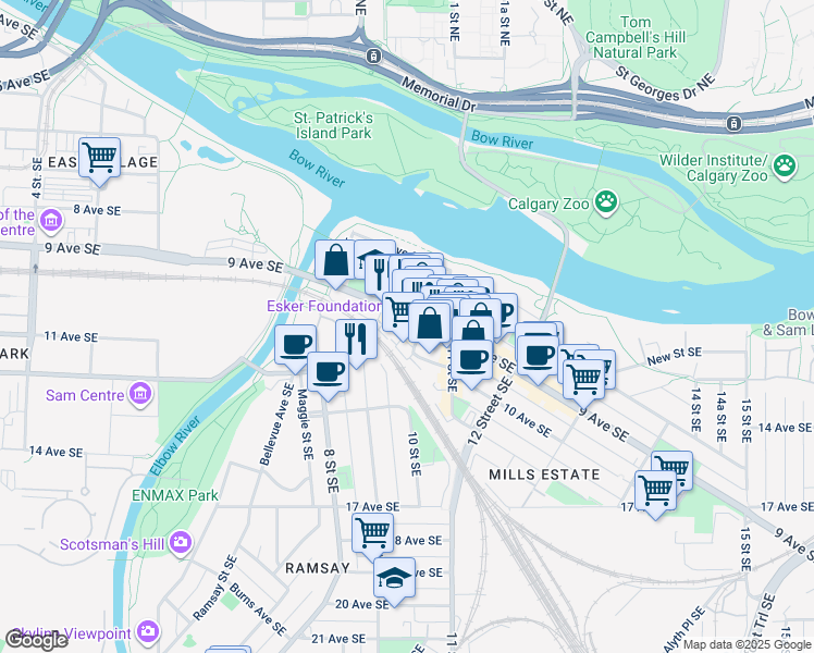 map of restaurants, bars, coffee shops, grocery stores, and more near 1019 9 Avenue Southeast in Calgary