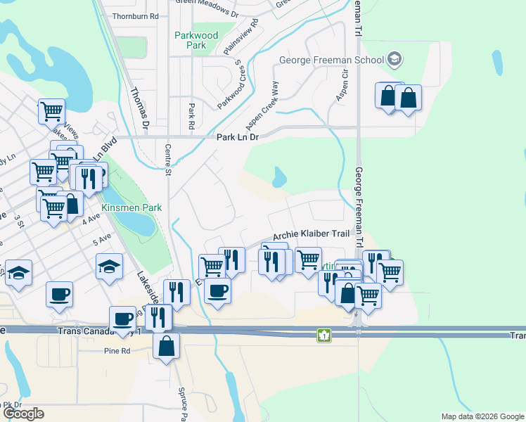 map of restaurants, bars, coffee shops, grocery stores, and more near 257 Ranchwood Lane in Strathmore