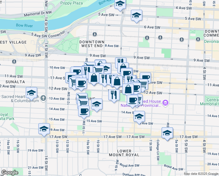 map of restaurants, bars, coffee shops, grocery stores, and more near 1026 12 Avenue Southwest in Calgary