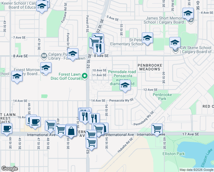 map of restaurants, bars, coffee shops, grocery stores, and more near 5425 Pensacola Crescent Southeast in Calgary