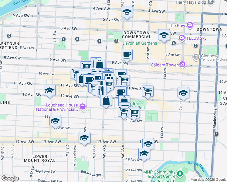 map of restaurants, bars, coffee shops, grocery stores, and more near in Calgary