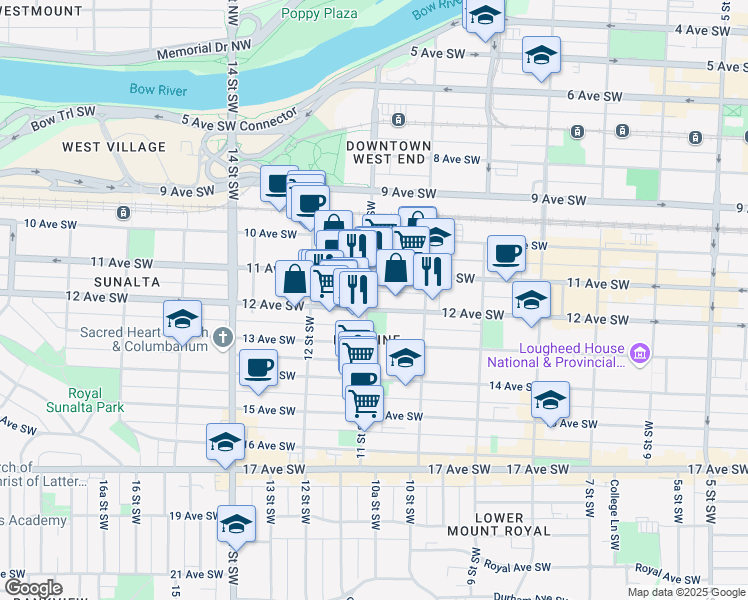map of restaurants, bars, coffee shops, grocery stores, and more near 1110 11 Street Southwest in Calgary