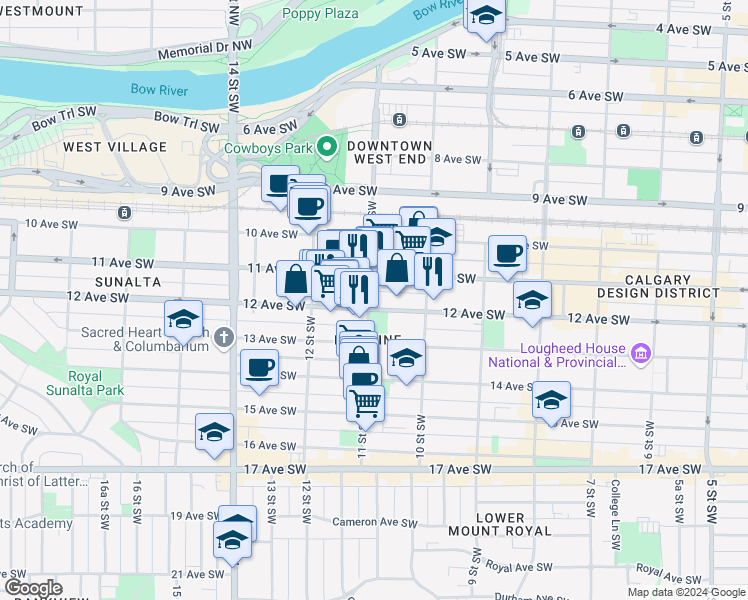 map of restaurants, bars, coffee shops, grocery stores, and more near in Calgary
