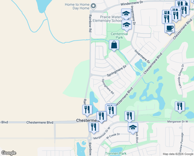map of restaurants, bars, coffee shops, grocery stores, and more near in Chestermere