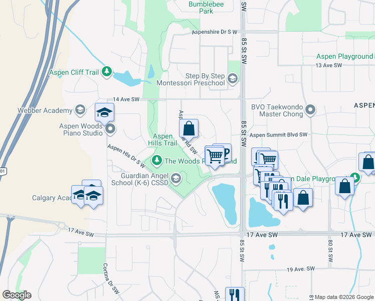 map of restaurants, bars, coffee shops, grocery stores, and more near 45 Aspen Stone Road Southwest in Calgary
