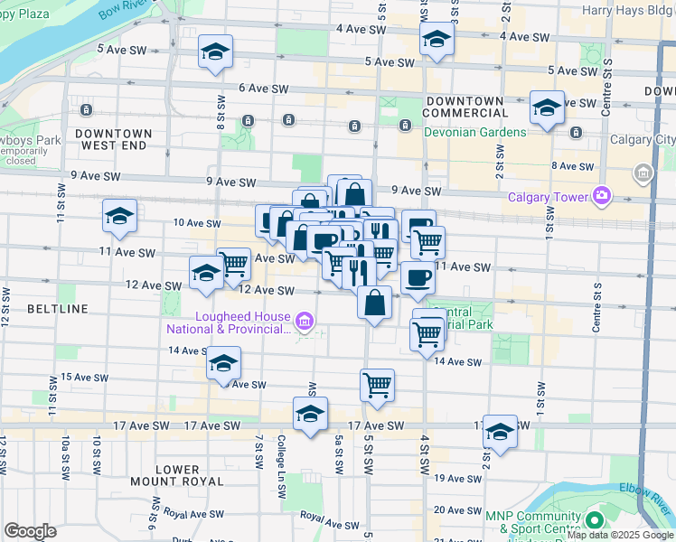 map of restaurants, bars, coffee shops, grocery stores, and more near in Calgary