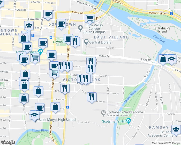 map of restaurants, bars, coffee shops, grocery stores, and more near 411 11 Avenue Southeast in Calgary