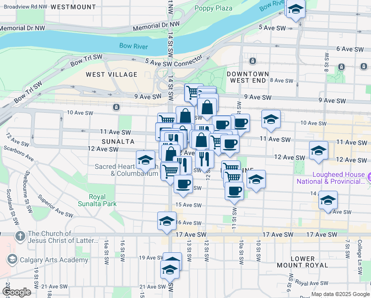 map of restaurants, bars, coffee shops, grocery stores, and more near 1334 12 Avenue Southwest in Calgary