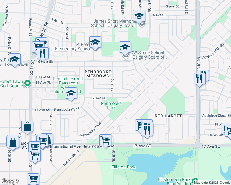 map of restaurants, bars, coffee shops, grocery stores, and more near 1232 60 Street Southeast in Calgary