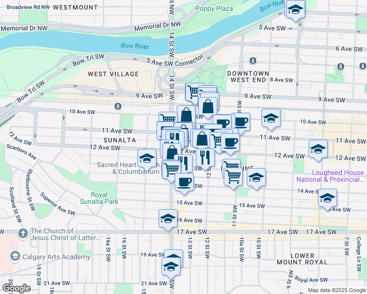 map of restaurants, bars, coffee shops, grocery stores, and more near 1132 13 Street Southwest in Calgary