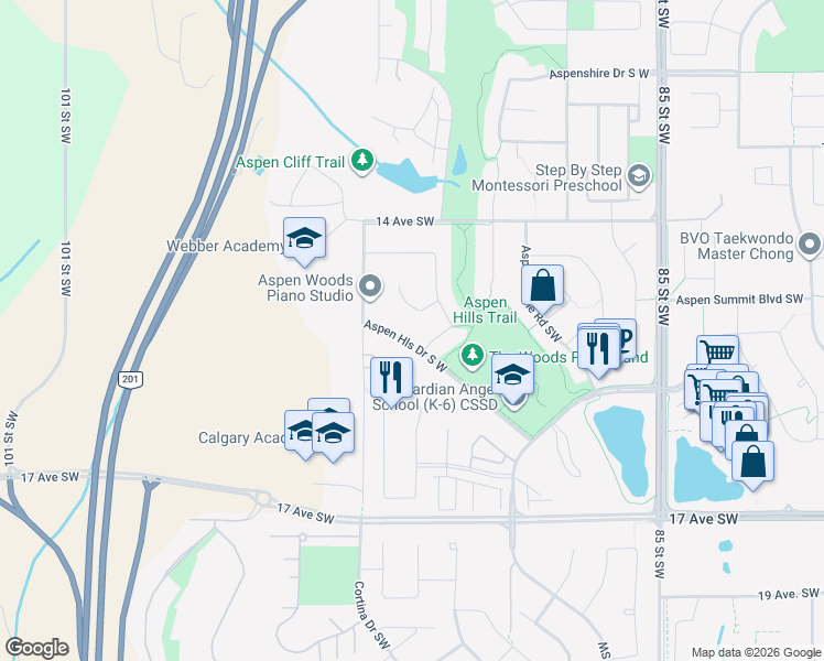 map of restaurants, bars, coffee shops, grocery stores, and more near 106 Aspen Hills Drive Southwest in Calgary