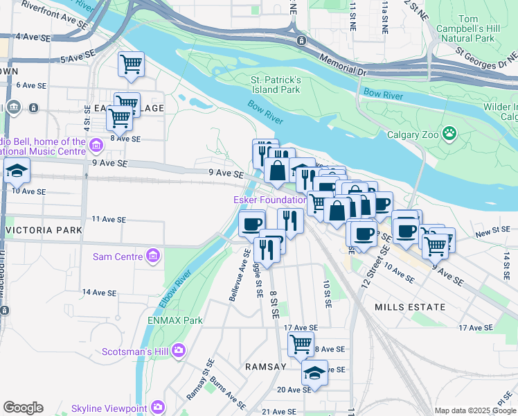 map of restaurants, bars, coffee shops, grocery stores, and more near 1006 8 Street Southeast in Calgary