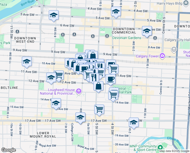 map of restaurants, bars, coffee shops, grocery stores, and more near in Calgary