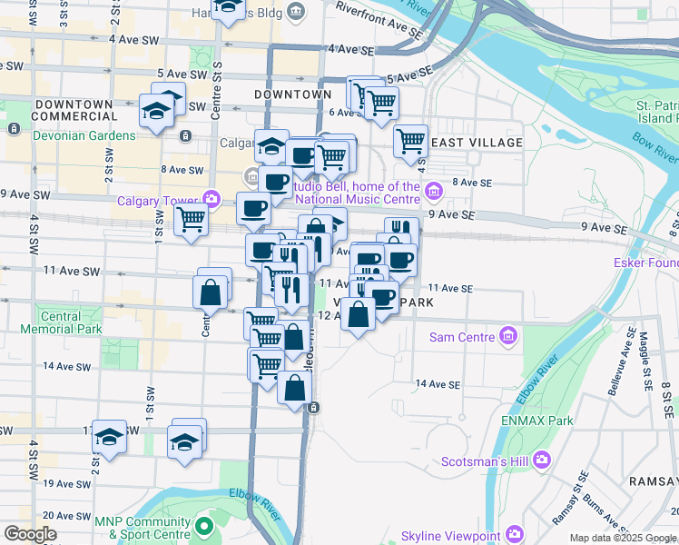 map of restaurants, bars, coffee shops, grocery stores, and more near 323 11 Avenue Southeast in Calgary