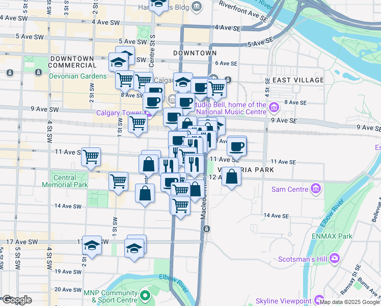 map of restaurants, bars, coffee shops, grocery stores, and more near 220 11 Avenue Southeast in Calgary