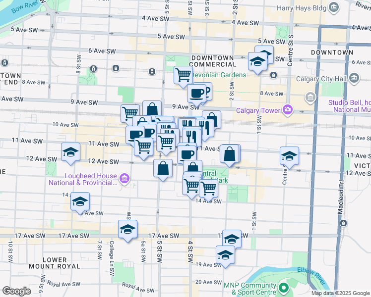 map of restaurants, bars, coffee shops, grocery stores, and more near in Calgary