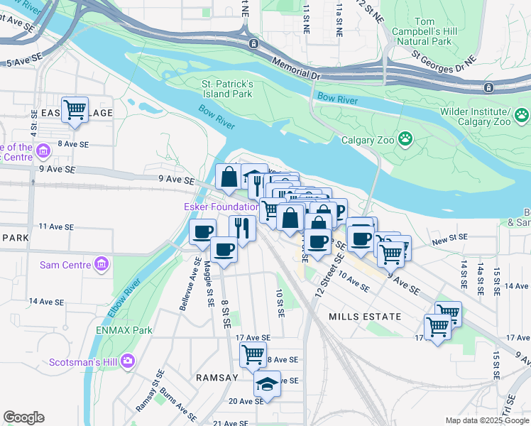map of restaurants, bars, coffee shops, grocery stores, and more near in Calgary